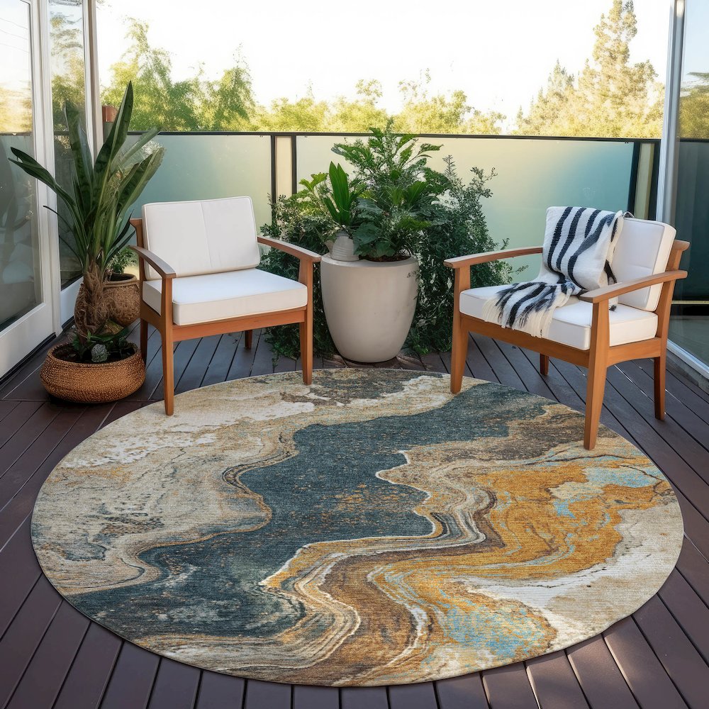 Machine Washable Indoor/Outdoor Chantille Wheat 8' x 8' Round Rug. Picture 6