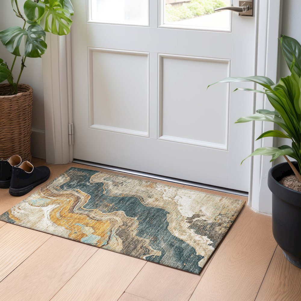 Machine Washable Indoor/Outdoor Chantille Wheat 1'8" x 2'6" Rug. Picture 5