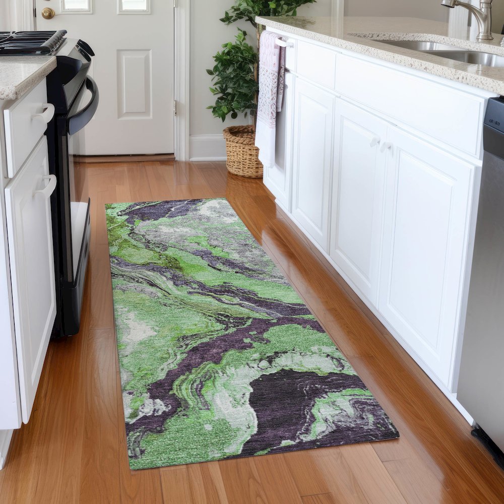 Machine Washable Indoor/Outdoor Chantille Green 2'3" x 7'6" Runner Rug. Picture 5