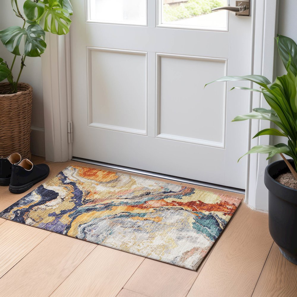 Machine Washable Indoor/Outdoor Chantille Linen 1'8" x 2'6" Rug. Picture 5