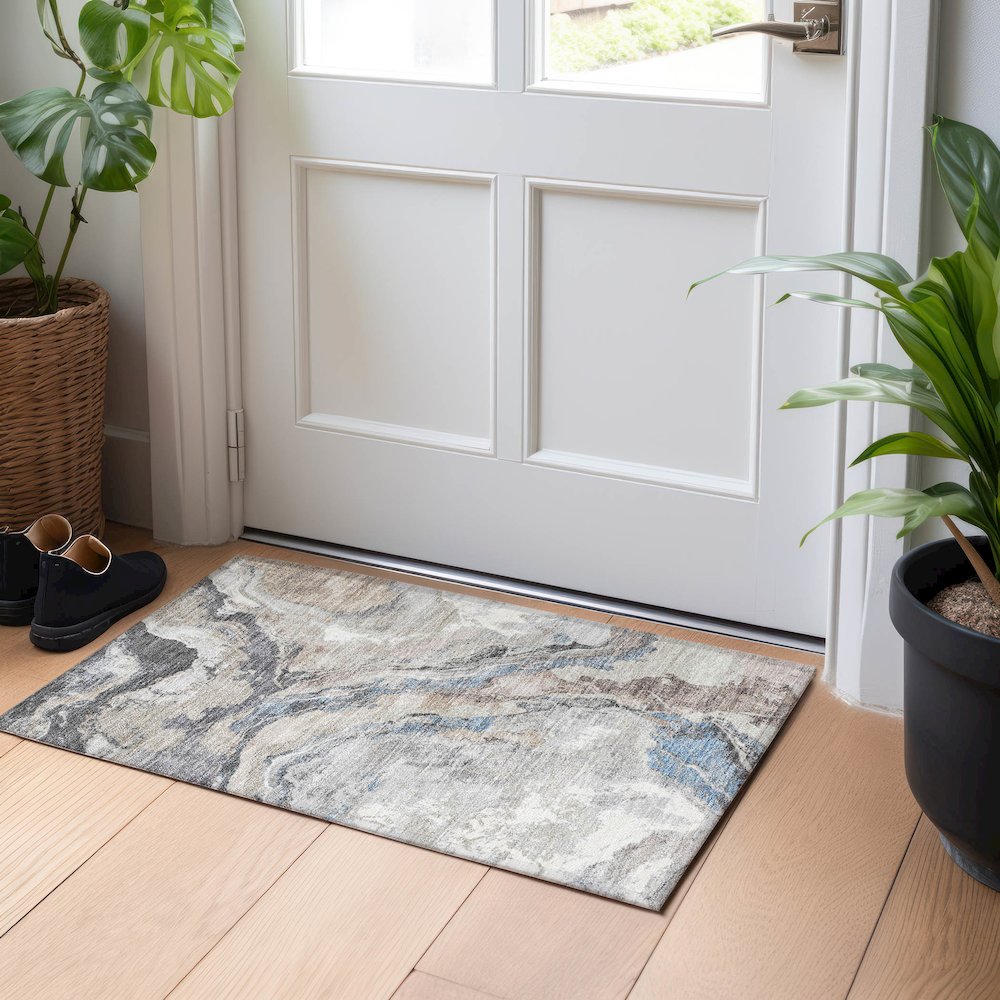 Machine Washable Indoor/Outdoor Chantille Taupe 1'8" x 2'6" Rug. Picture 5