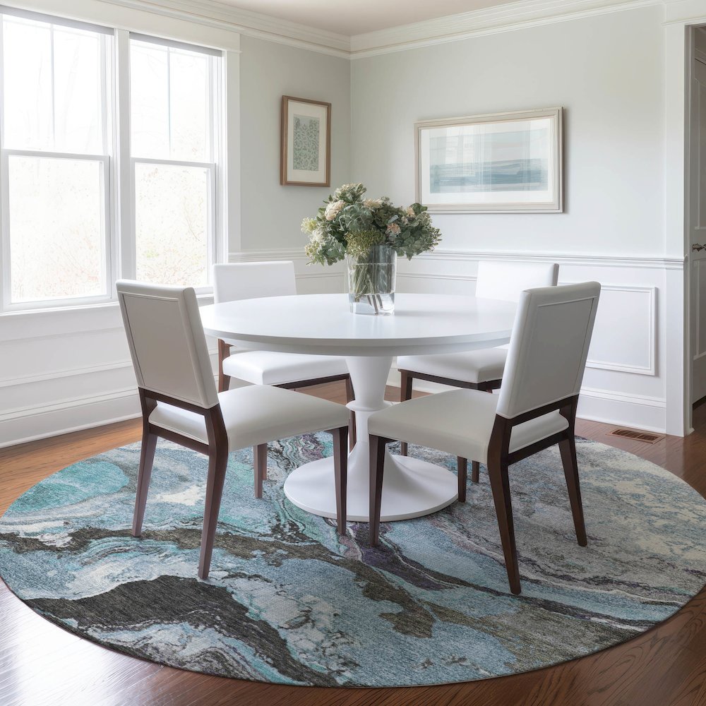 Machine Washable Indoor/Outdoor Chantille Teal 8' x 8' Round Rug. Picture 5