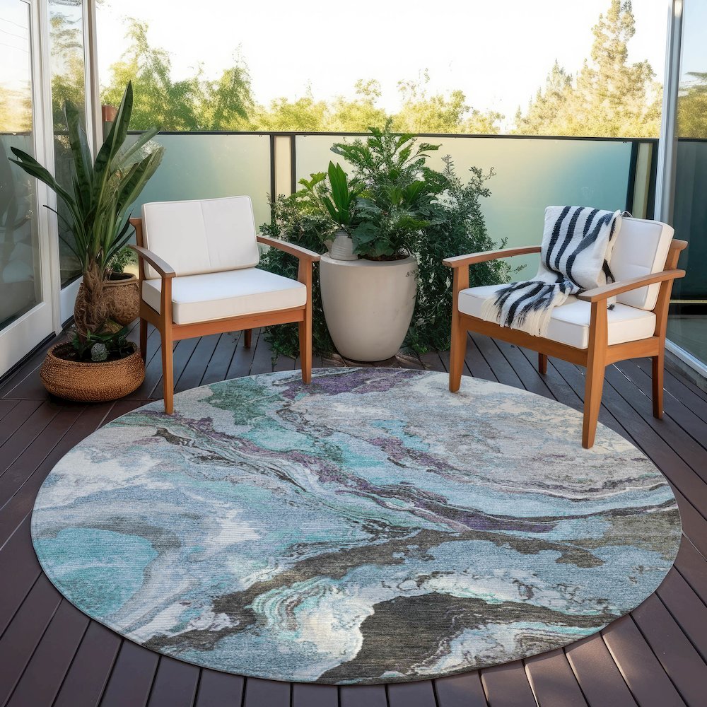 Machine Washable Indoor/Outdoor Chantille Teal 8' x 8' Round Rug. Picture 6
