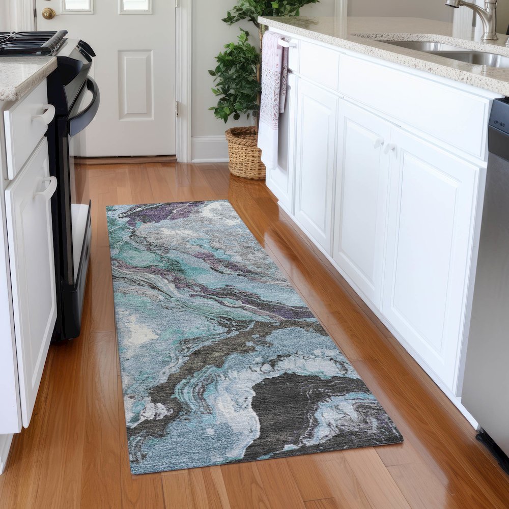 Machine Washable Indoor/Outdoor Chantille Teal 2'3" x 7'6" Runner Rug. Picture 5