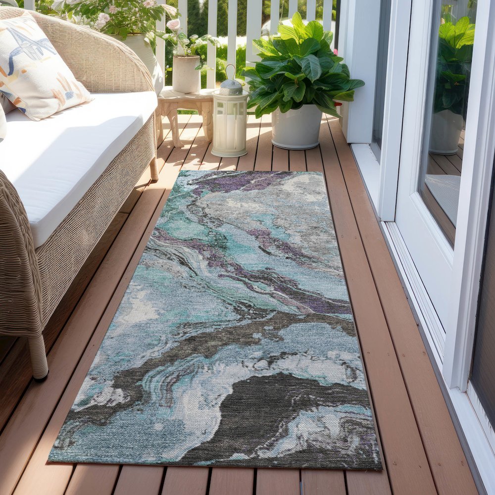 Machine Washable Indoor/Outdoor Chantille Teal 2'3" x 7'6" Runner Rug. Picture 6