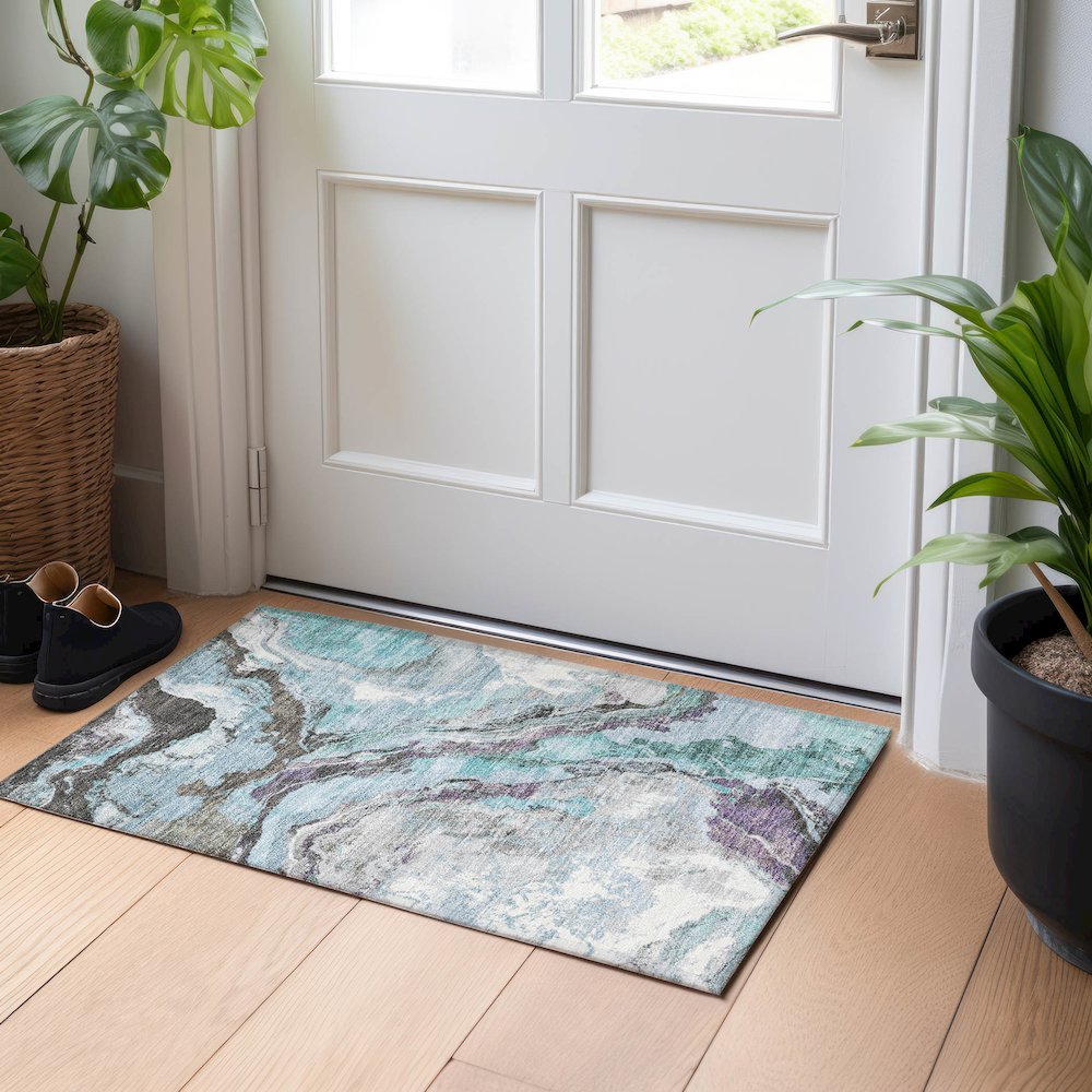 Machine Washable Indoor/Outdoor Chantille Teal 1'8" x 2'6" Rug. Picture 5