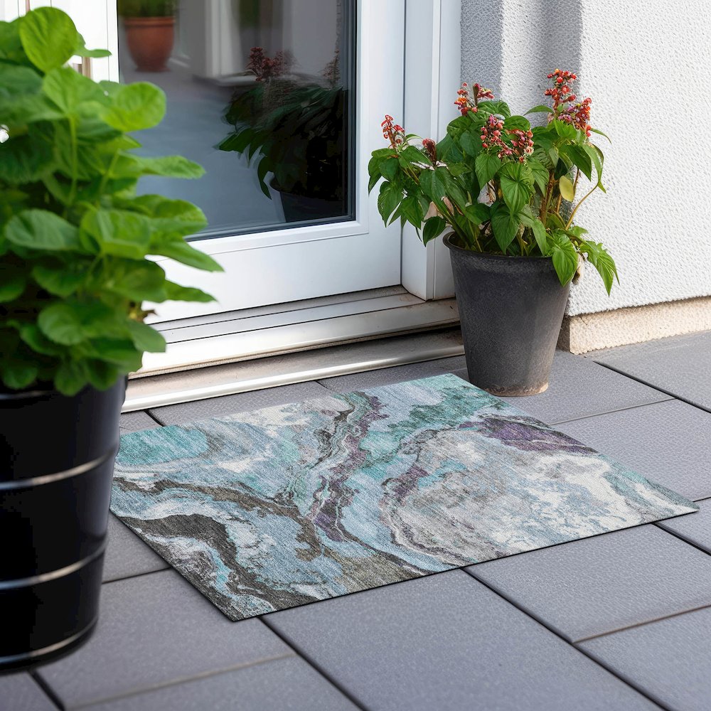 Machine Washable Indoor/Outdoor Chantille Teal 1'8" x 2'6" Rug. Picture 6