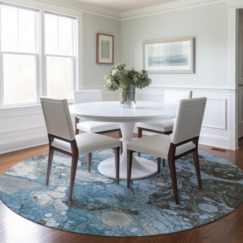 Machine Washable Indoor/Outdoor Chantille Blue 8' x 8' Round Rug. Picture 5