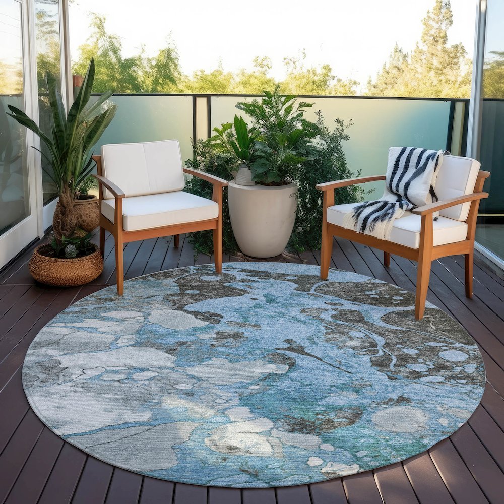 Machine Washable Indoor/Outdoor Chantille Blue 8' x 8' Round Rug. Picture 6