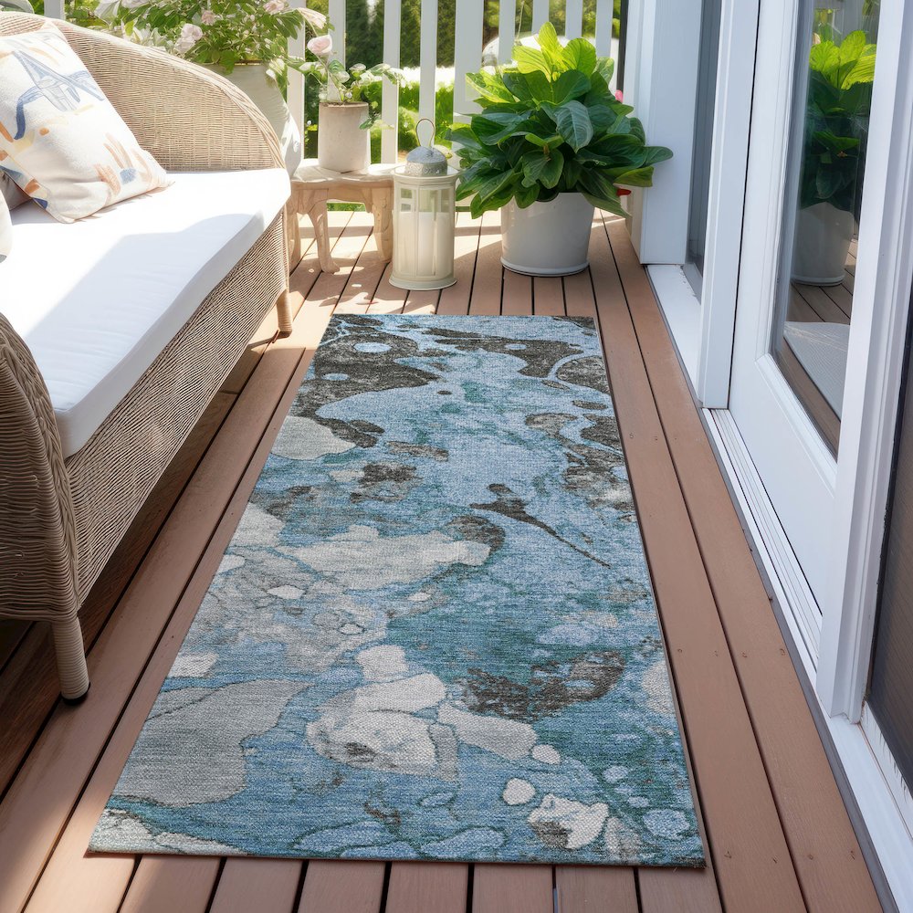 Machine Washable Indoor/Outdoor Chantille Blue 2'3" x 7'6" Runner Rug. Picture 6