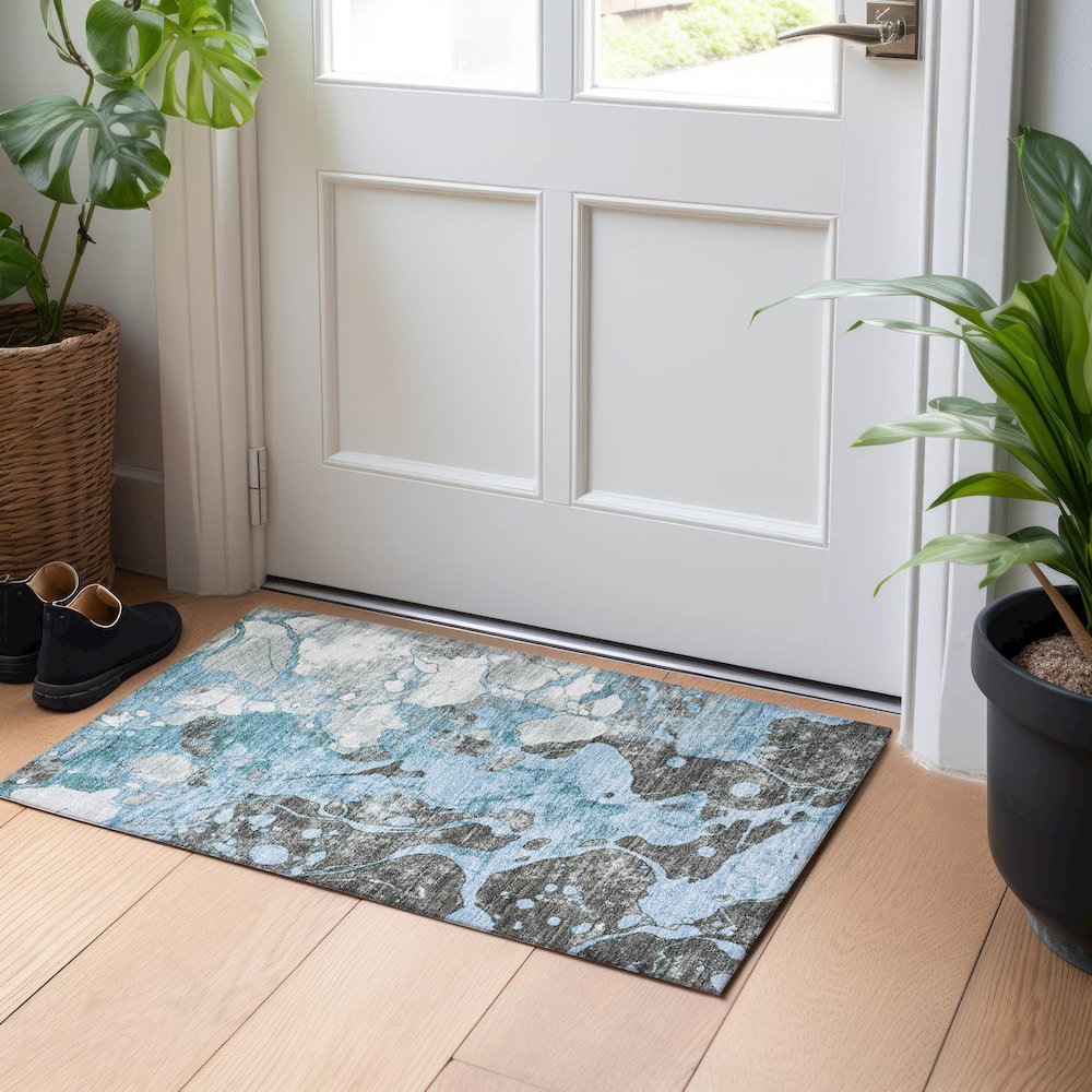 Machine Washable Indoor/Outdoor Chantille Blue 1'8" x 2'6" Rug. Picture 5