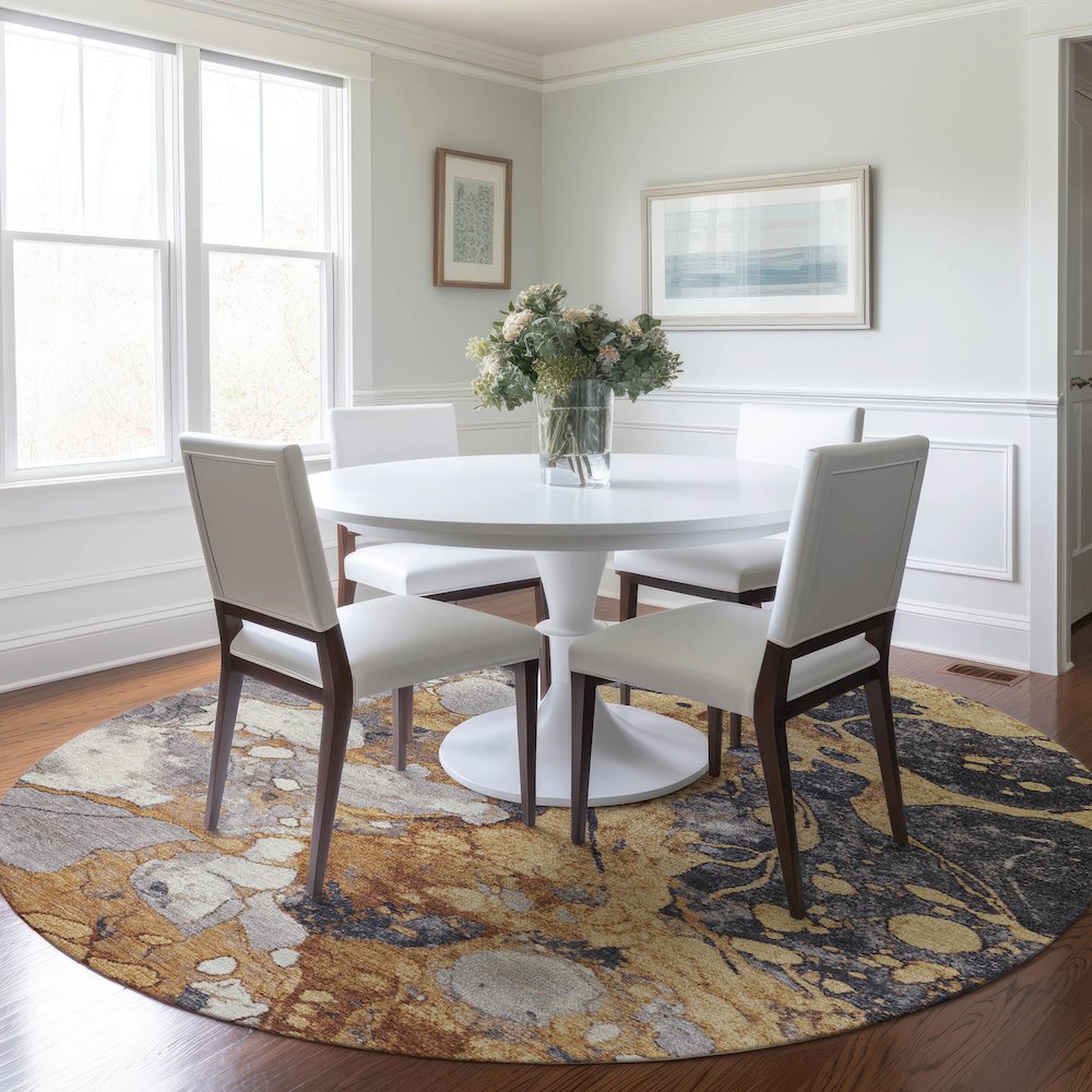 Machine Washable Indoor/Outdoor Chantille Gold 8' x 8' Round Rug. Picture 5