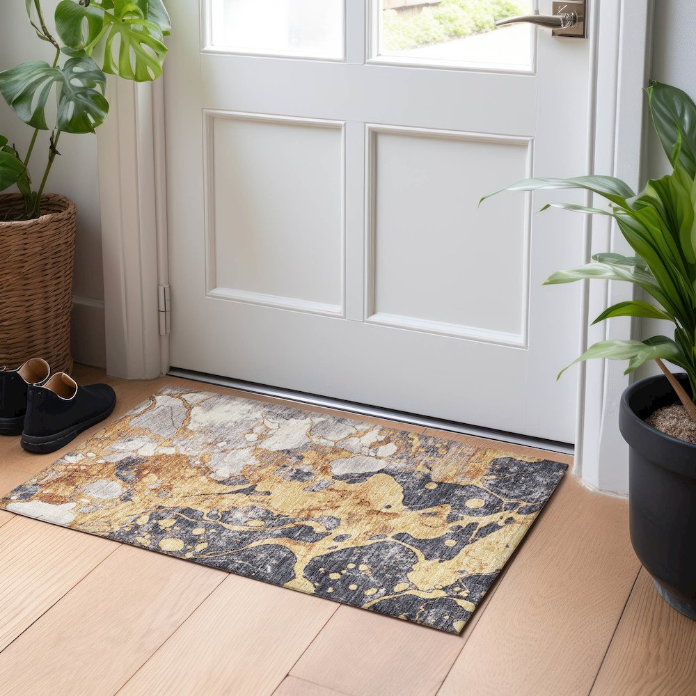 Machine Washable Indoor/Outdoor Chantille Gold 1'8" x 2'6" Rug. Picture 5