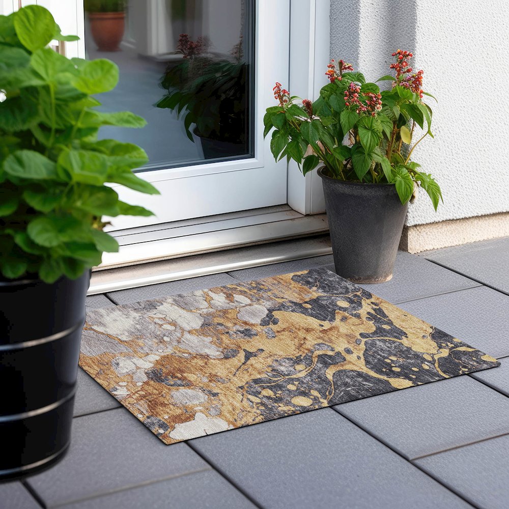 Machine Washable Indoor/Outdoor Chantille Gold 1'8" x 2'6" Rug. Picture 6