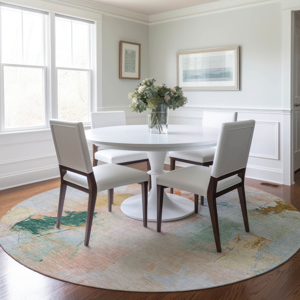 Machine Washable Indoor/Outdoor Chantille Peach 8' x 8' Round Rug. Picture 5