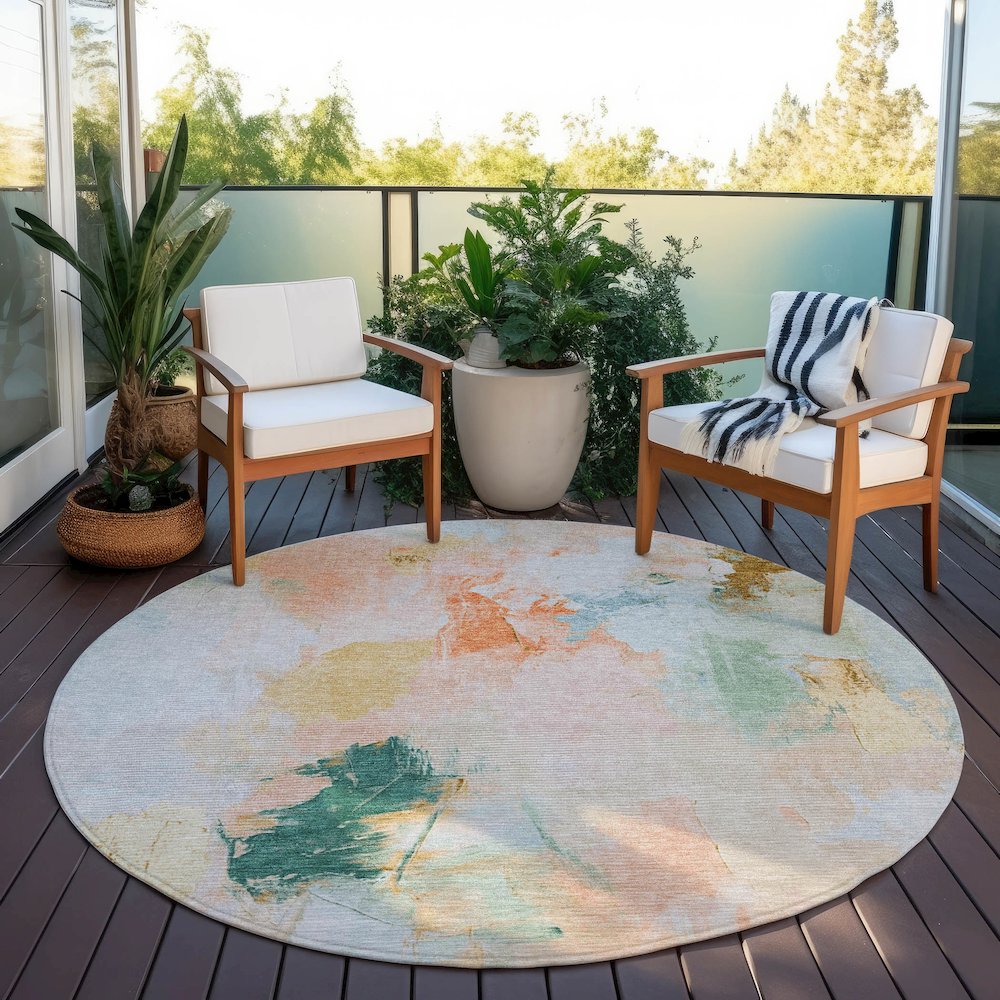 Machine Washable Indoor/Outdoor Chantille Peach 8' x 8' Round Rug. Picture 6