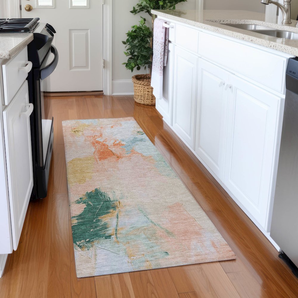 Machine Washable Indoor/Outdoor Chantille Peach 2'3" x 7'6" Runner Rug. Picture 5