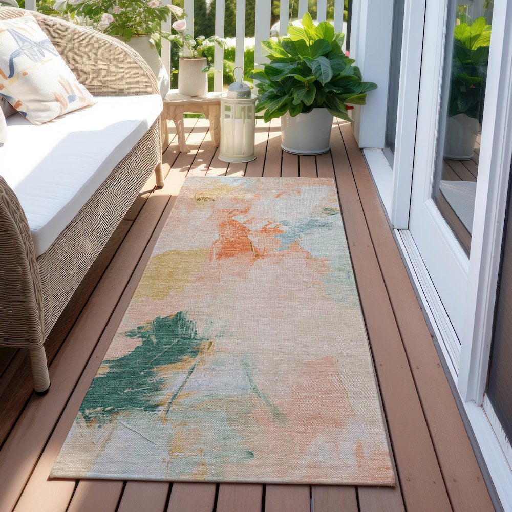Machine Washable Indoor/Outdoor Chantille Peach 2'3" x 7'6" Runner Rug. Picture 6