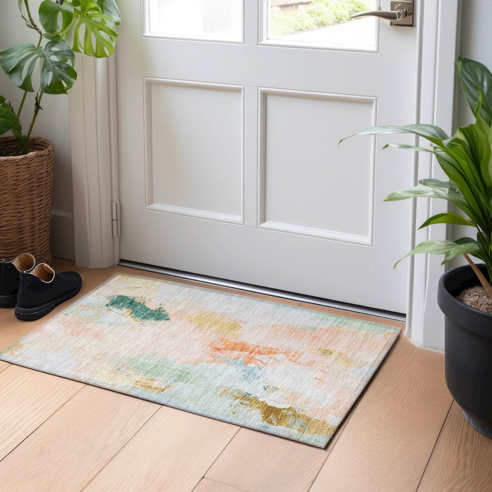 Machine Washable Indoor/Outdoor Chantille Peach 1'8" x 2'6" Rug. Picture 5