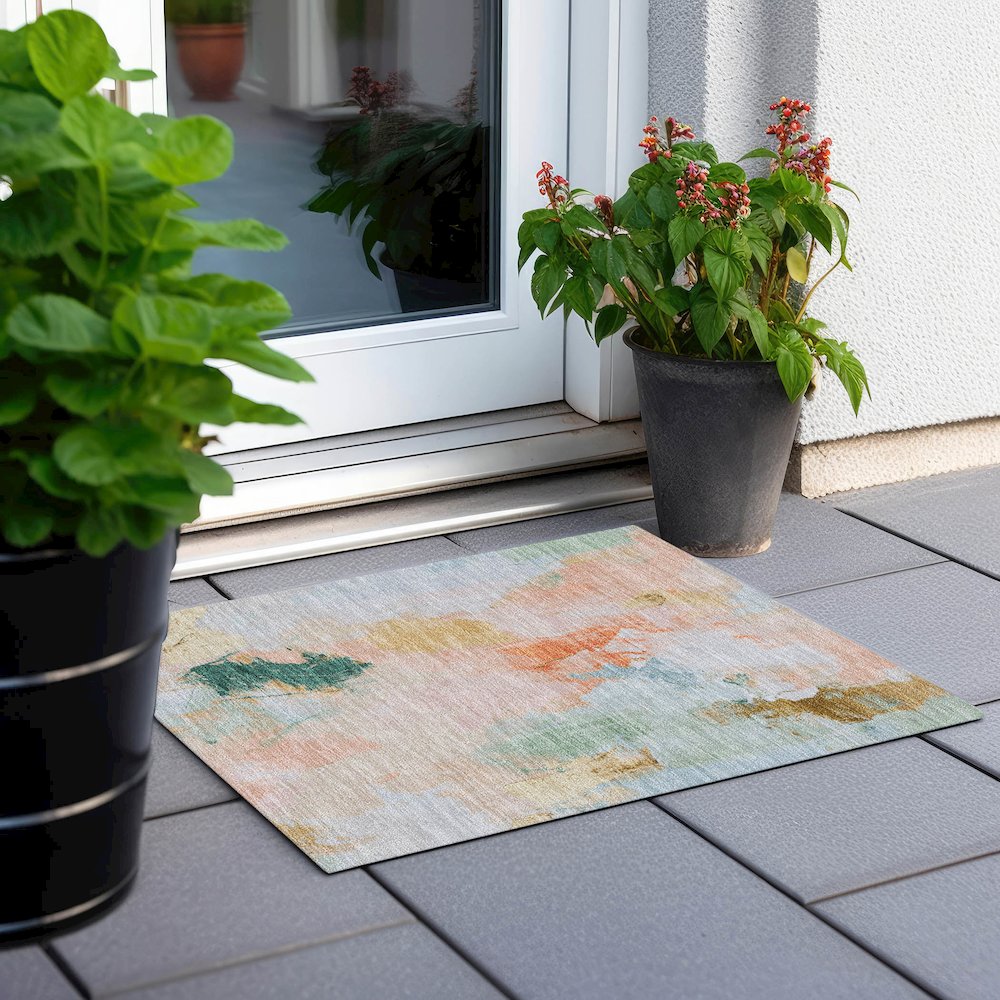 Machine Washable Indoor/Outdoor Chantille Peach 1'8" x 2'6" Rug. Picture 6