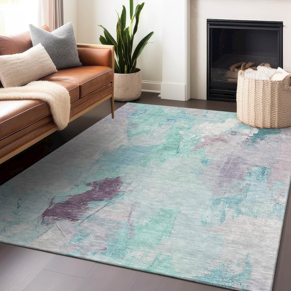 Machine Washable Indoor/Outdoor Chantille Teal 2'6" x 3'10" Rug. Picture 5