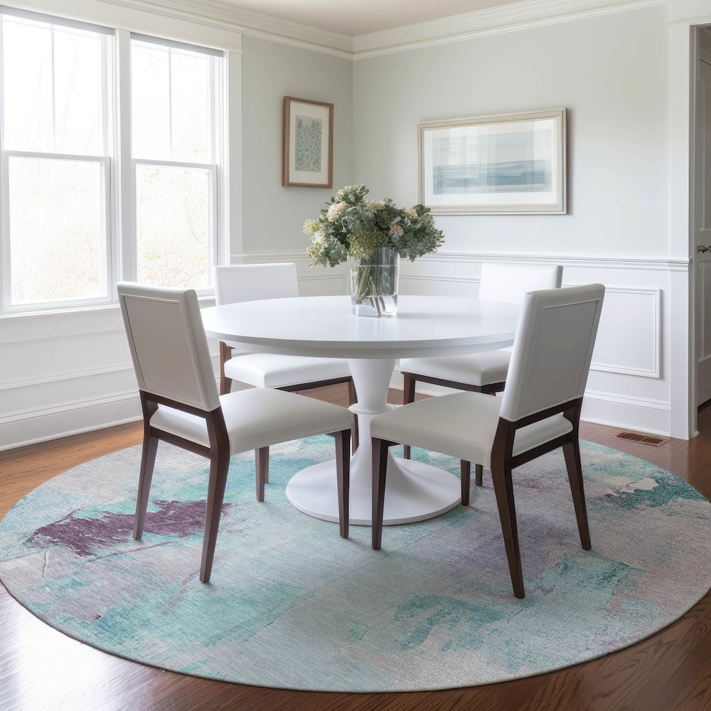 Machine Washable Indoor/Outdoor Chantille Teal 8' x 8' Round Rug. Picture 5