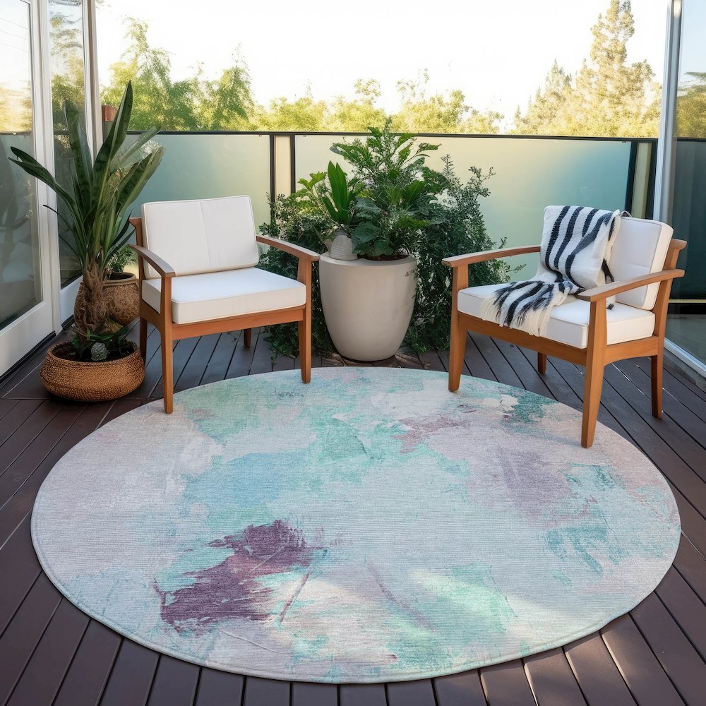 Machine Washable Indoor/Outdoor Chantille Teal 8' x 8' Round Rug. Picture 6