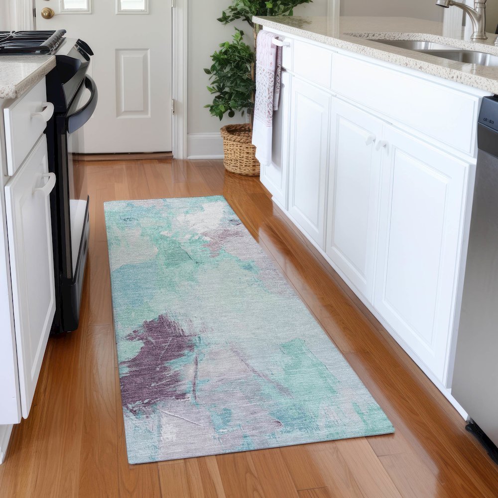 Machine Washable Indoor/Outdoor Chantille Teal 2'3" x 7'6" Runner Rug. Picture 5