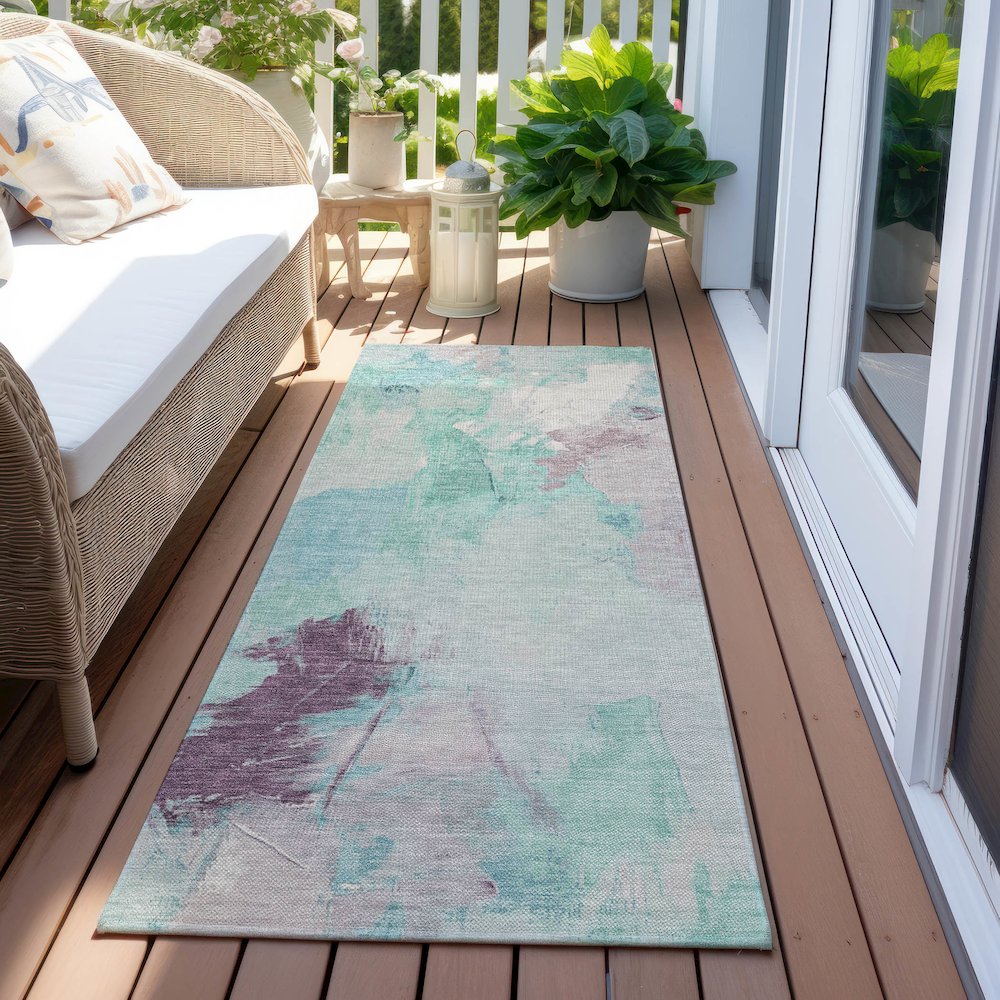Machine Washable Indoor/Outdoor Chantille Teal 2'3" x 7'6" Runner Rug. Picture 6