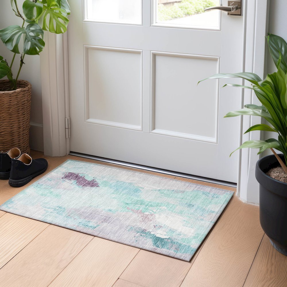 Machine Washable Indoor/Outdoor Chantille Teal 1'8" x 2'6" Rug. Picture 5