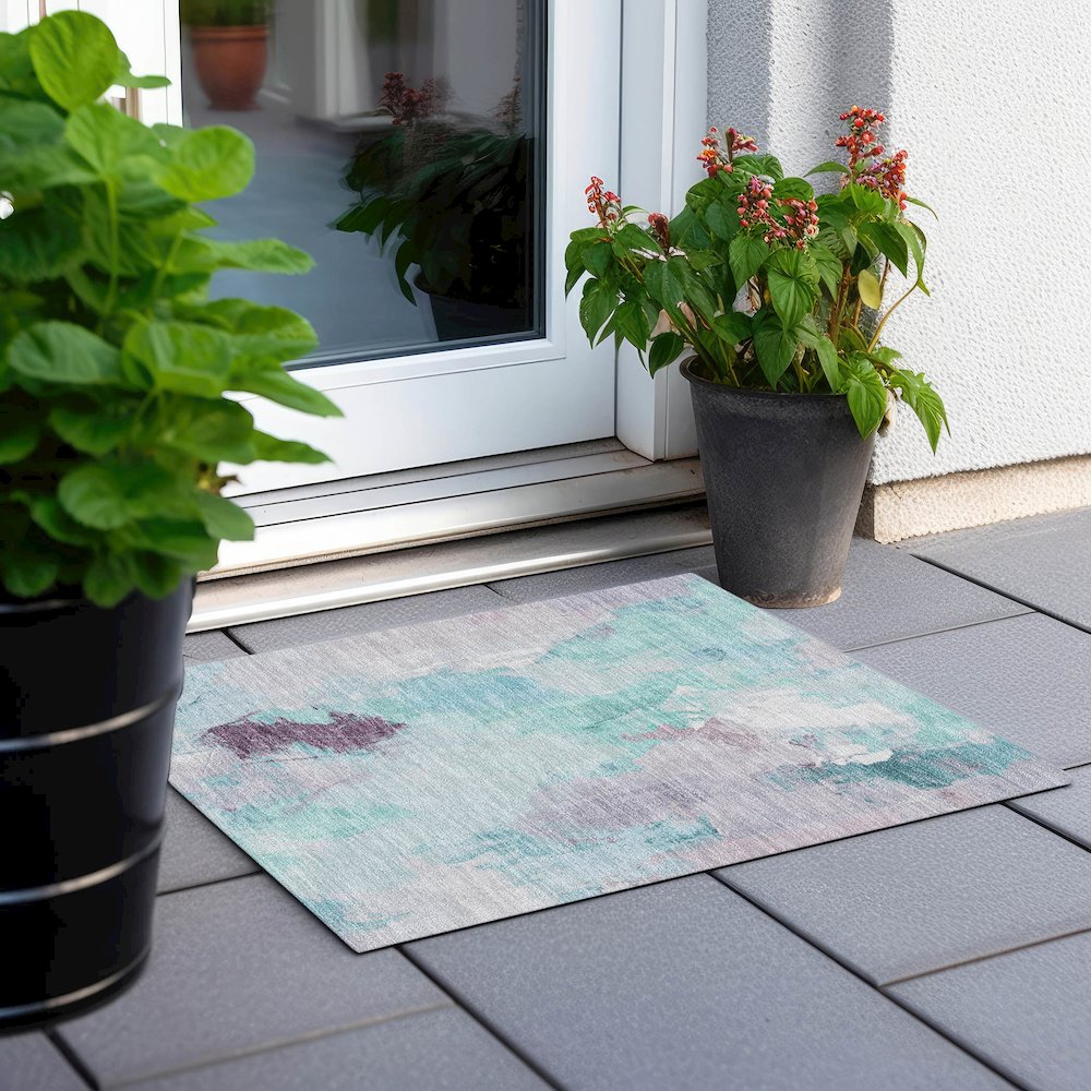 Machine Washable Indoor/Outdoor Chantille Teal 1'8" x 2'6" Rug. Picture 6