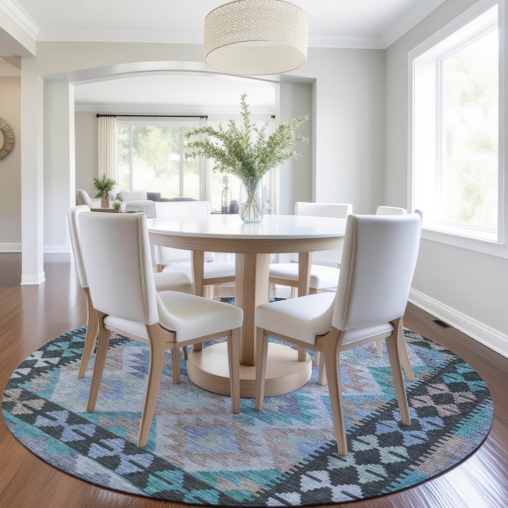 Machine Washable Indoor/Outdoor Chantille Teal 8' x 8' Round Rug. Picture 5