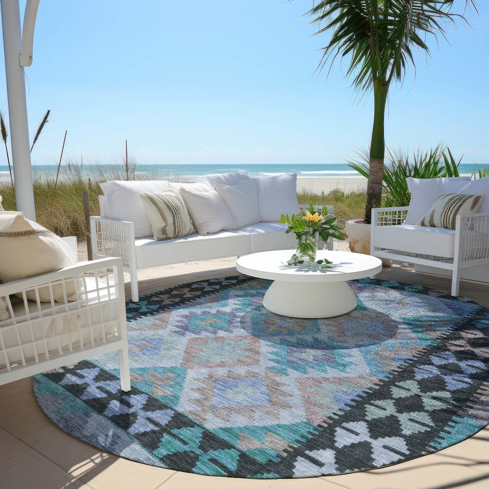 Machine Washable Indoor/Outdoor Chantille Teal 8' x 8' Round Rug. Picture 6