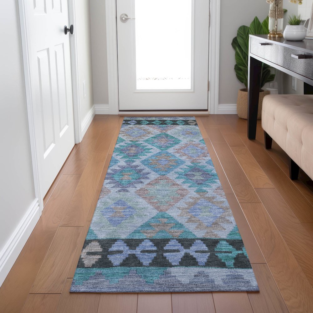 Machine Washable Indoor/Outdoor Chantille Teal 2'3" x 7'6" Runner Rug. Picture 5