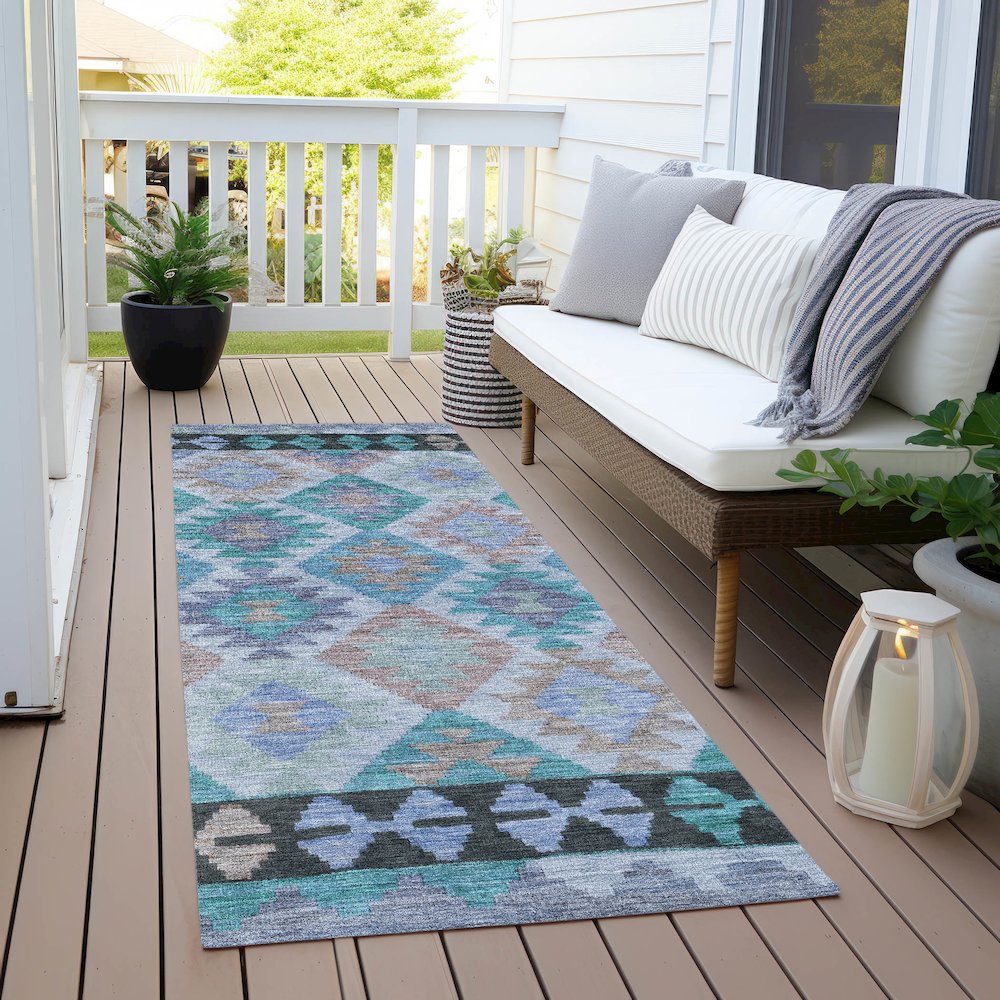 Machine Washable Indoor/Outdoor Chantille Teal 2'3" x 7'6" Runner Rug. Picture 6