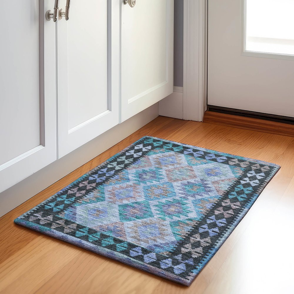 Machine Washable Indoor/Outdoor Chantille Teal 1'8" x 2'6" Rug. Picture 5