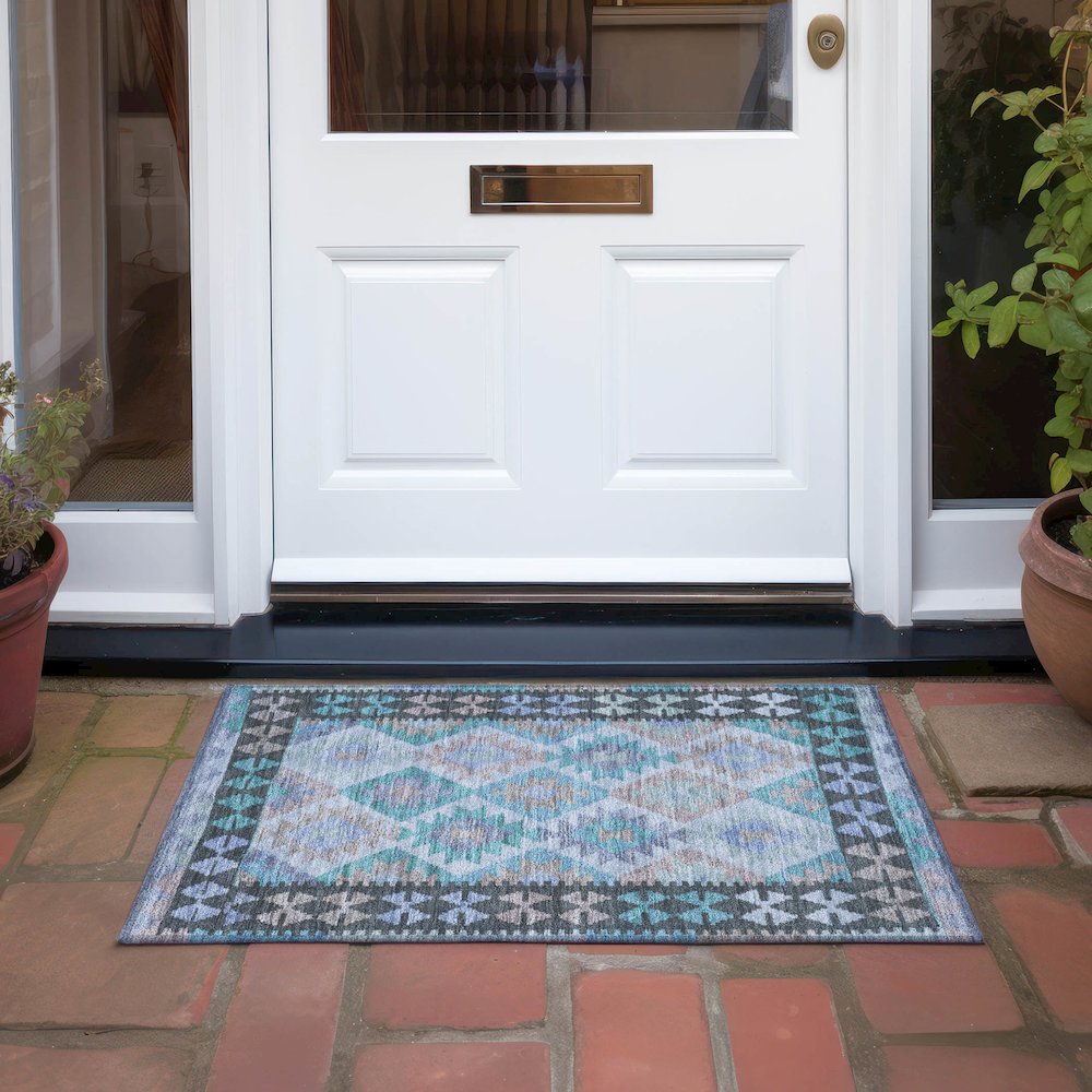Machine Washable Indoor/Outdoor Chantille Teal 1'8" x 2'6" Rug. Picture 6