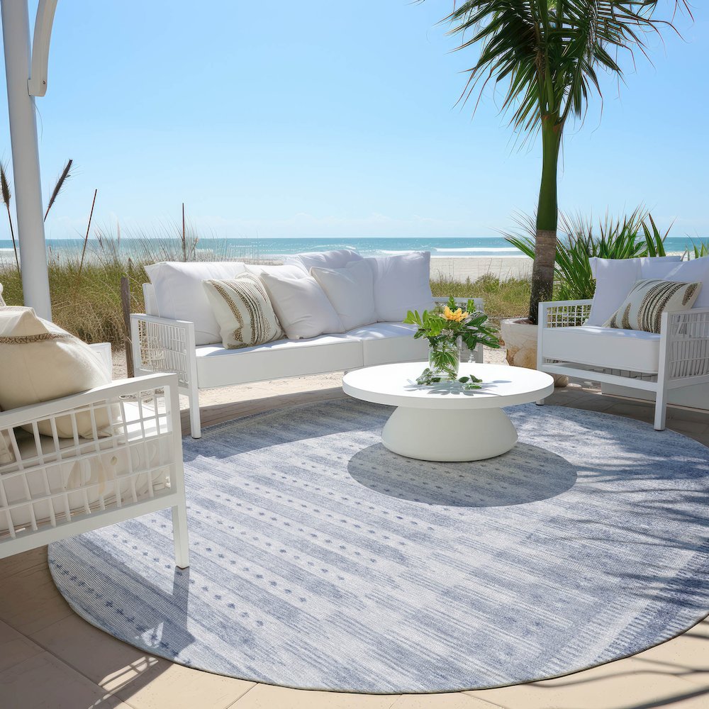 Machine Washable Indoor/Outdoor Chantille Blue 8' x 8' Round Rug. Picture 6