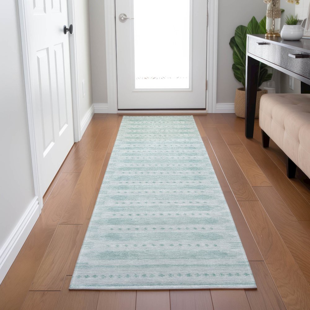 Machine Washable Indoor/Outdoor Chantille Turquoise 2'3" x 7'6" Runner Rug. Picture 5