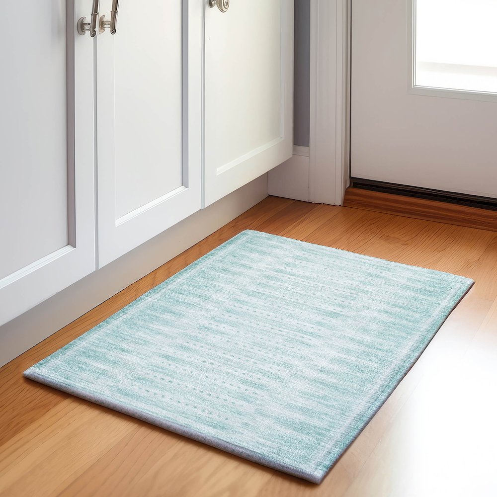 Machine Washable Indoor/Outdoor Chantille Turquoise 1'8" x 2'6" Rug. Picture 5