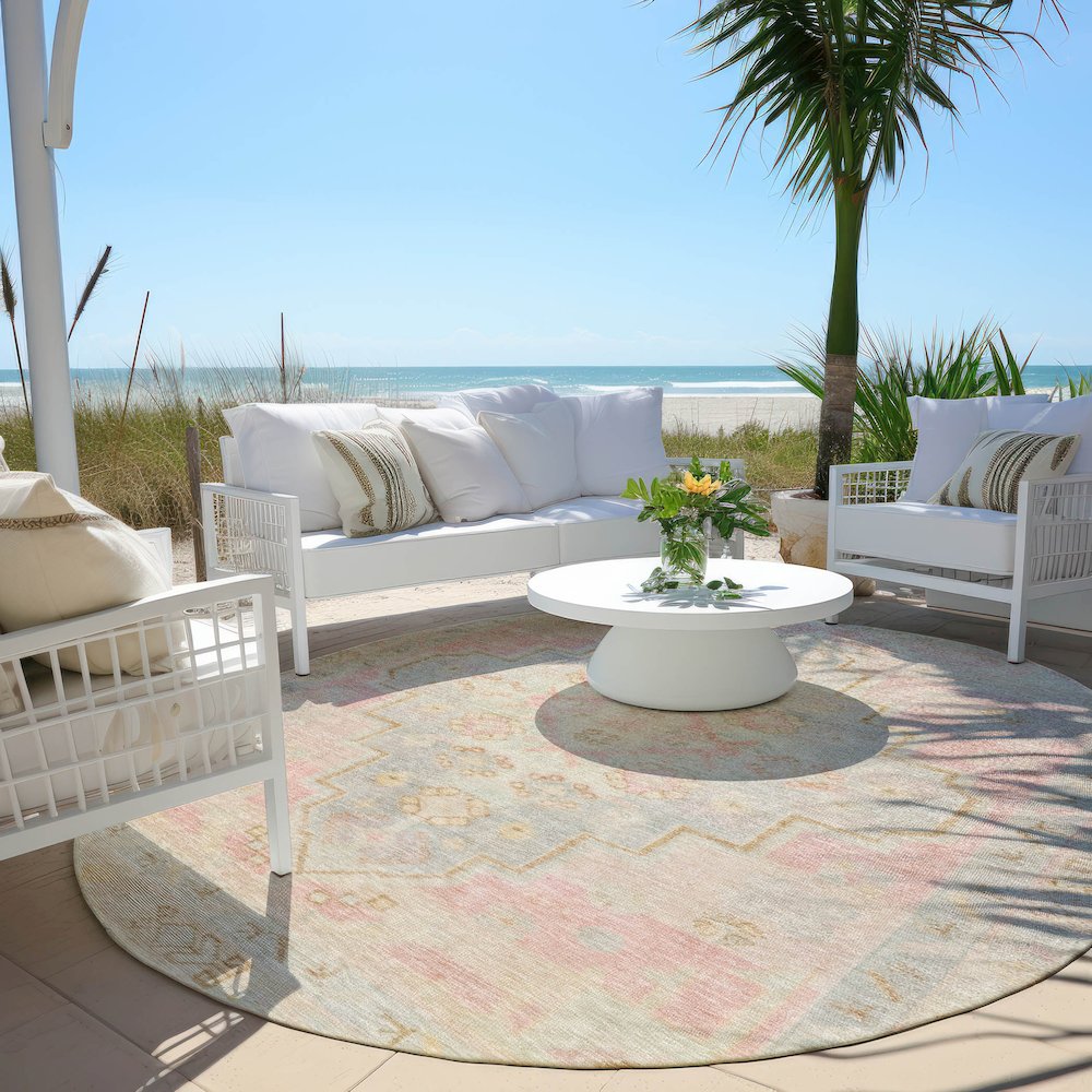 Machine Washable Indoor/Outdoor Chantille Pink 8' x 8' Round Rug. Picture 6
