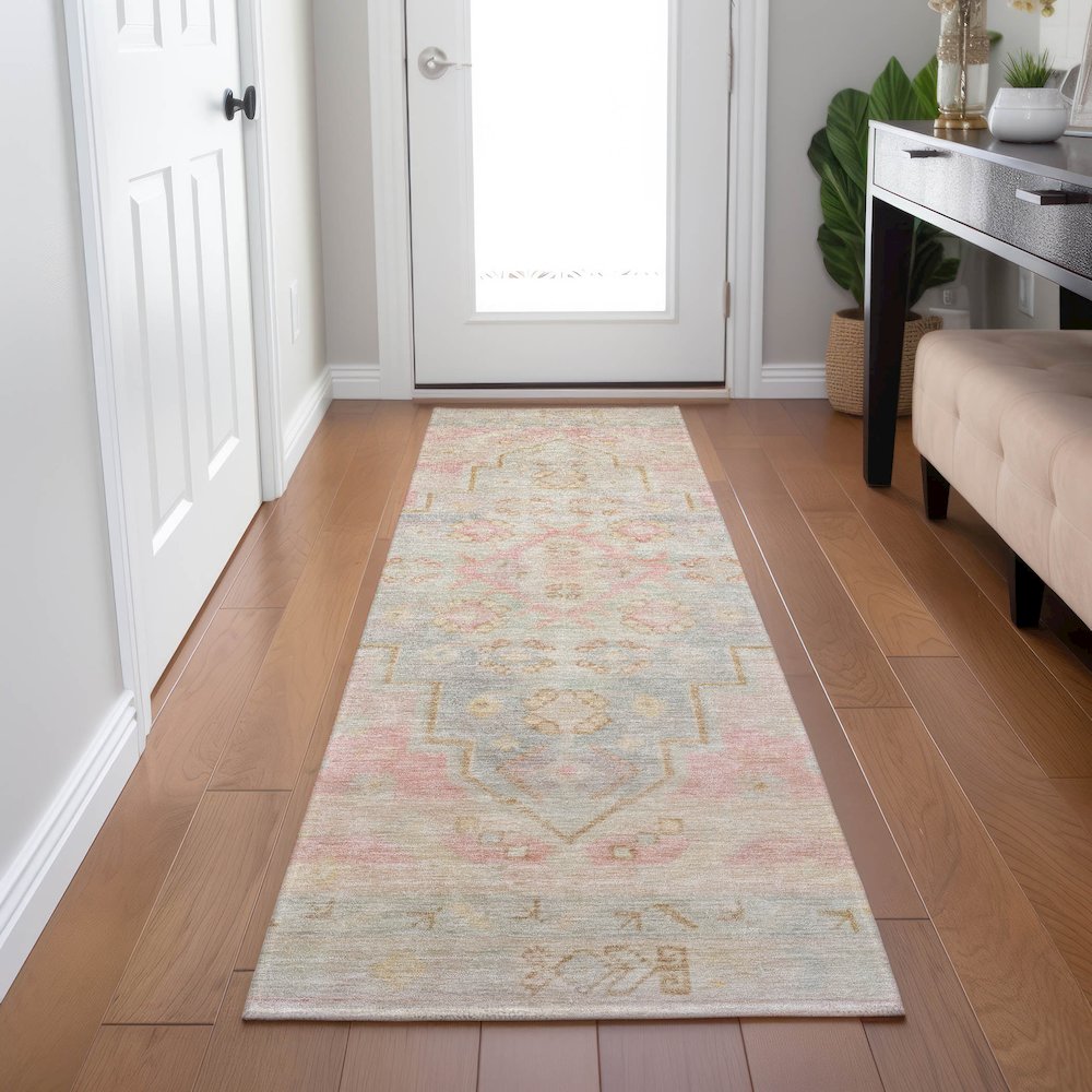 Machine Washable Indoor/Outdoor Chantille Pink 2'3" x 7'6" Runner Rug. Picture 5