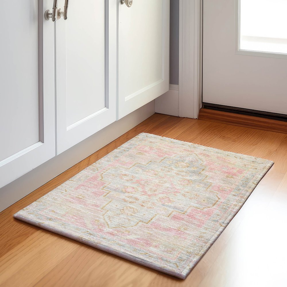 Machine Washable Indoor/Outdoor Chantille Pink 1'8" x 2'6" Rug. Picture 5