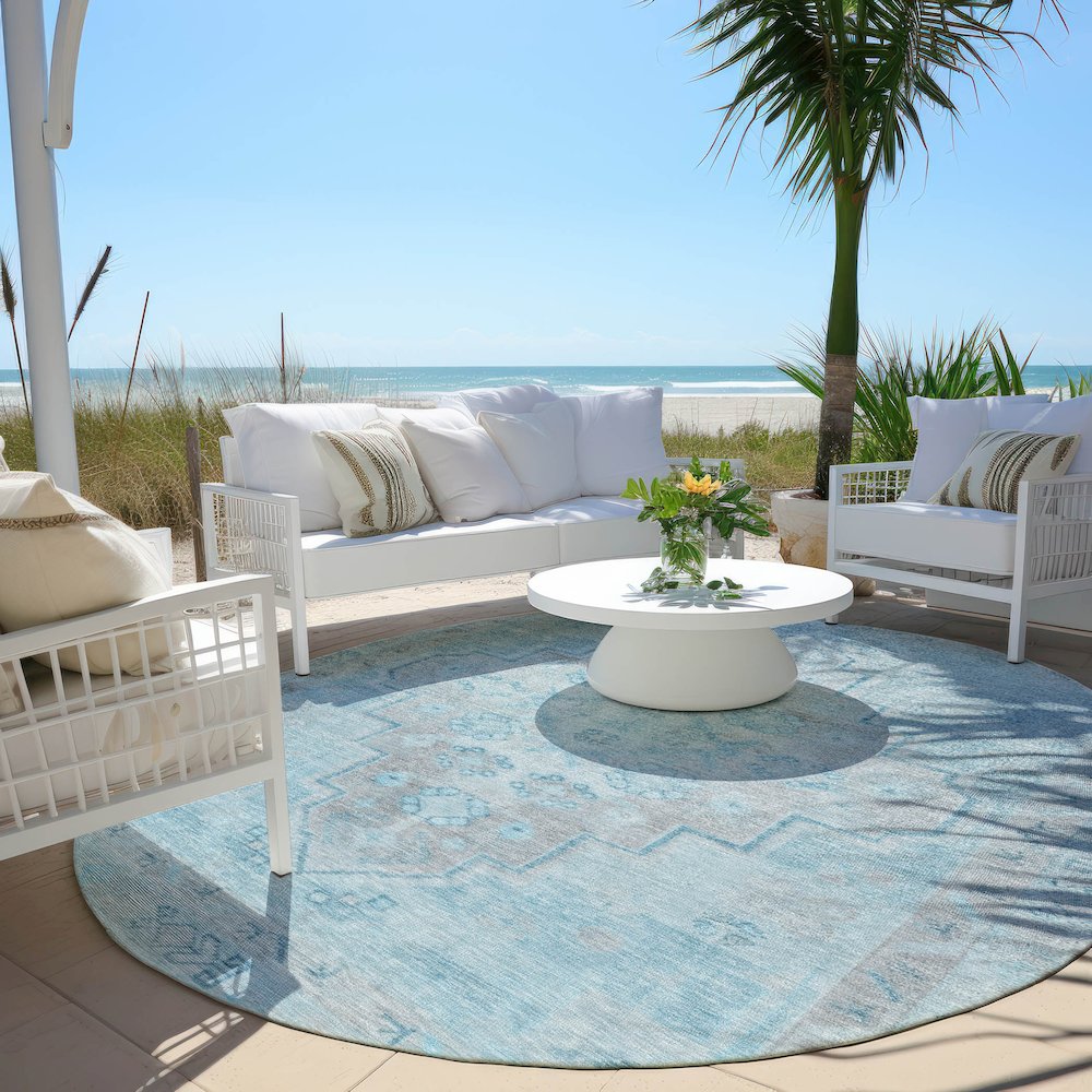 Machine Washable Indoor/Outdoor Chantille Sky 8' x 8' Round Rug. Picture 6