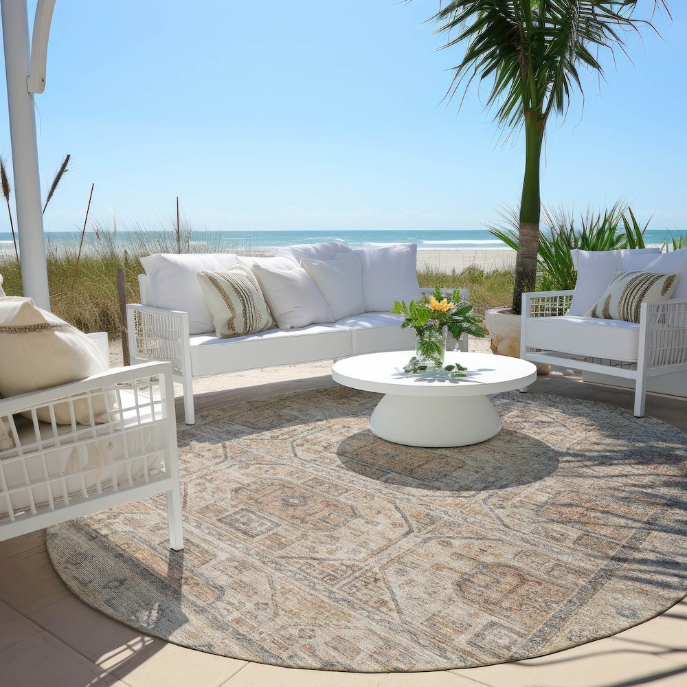 Machine Washable Indoor/Outdoor Chantille Beige 8' x 8' Round Rug. Picture 6