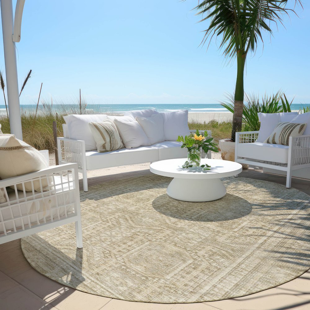 Machine Washable Indoor/Outdoor Chantille Beige 8' x 8' Round Rug. Picture 6
