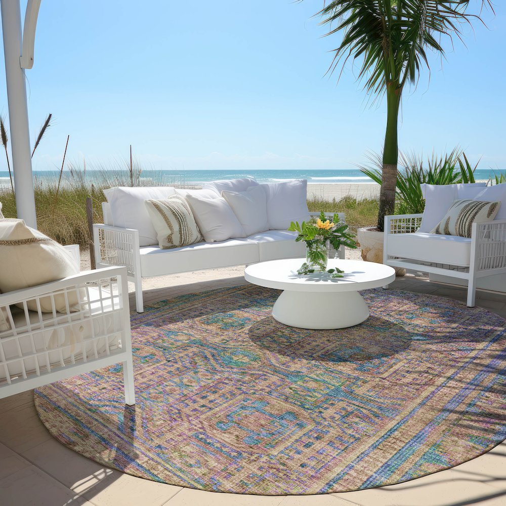 Machine Washable Indoor/Outdoor Chantille Orange 8' x 8' Round Rug. Picture 6