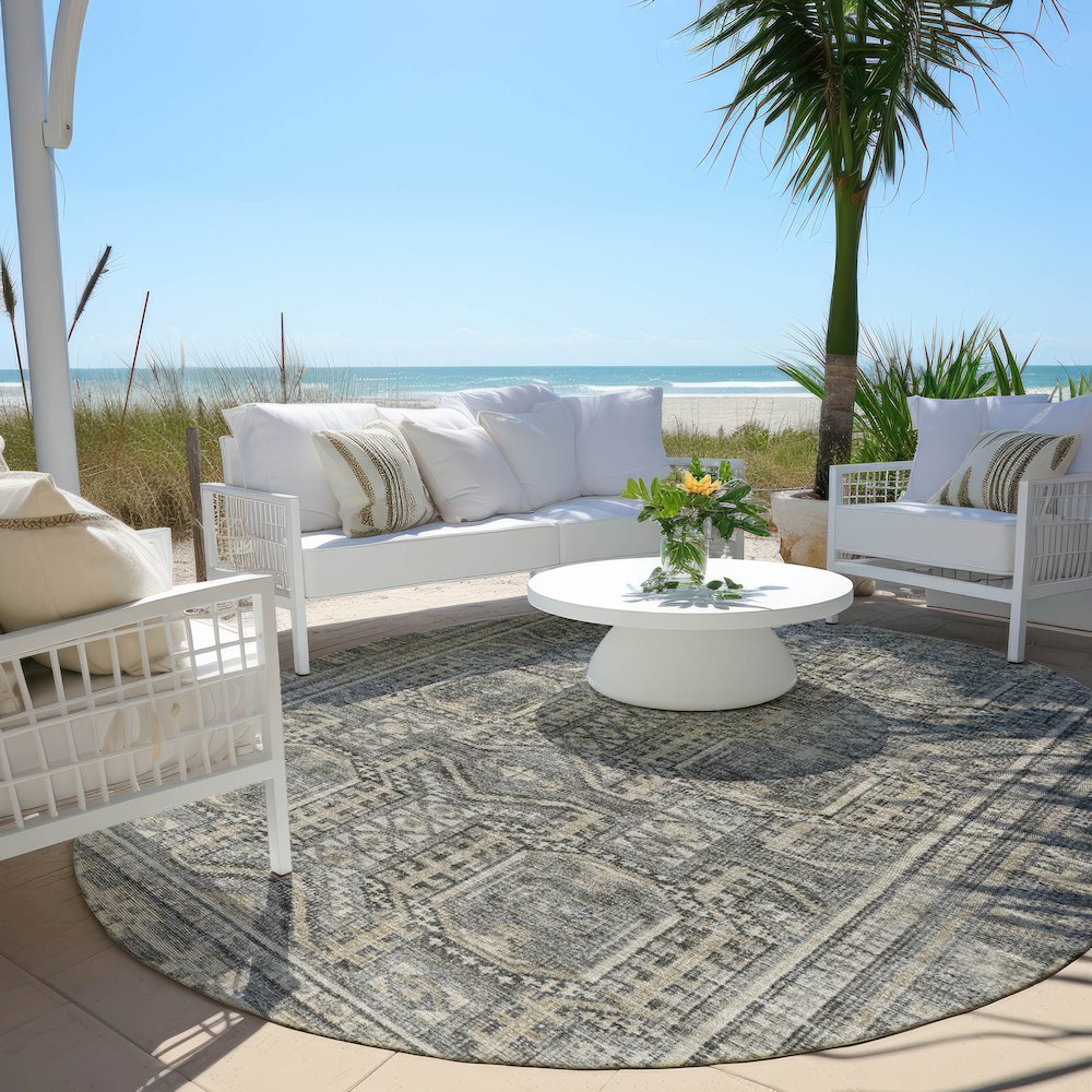 Machine Washable Indoor/Outdoor Chantille Pewter 8' x 8' Round Rug. Picture 6