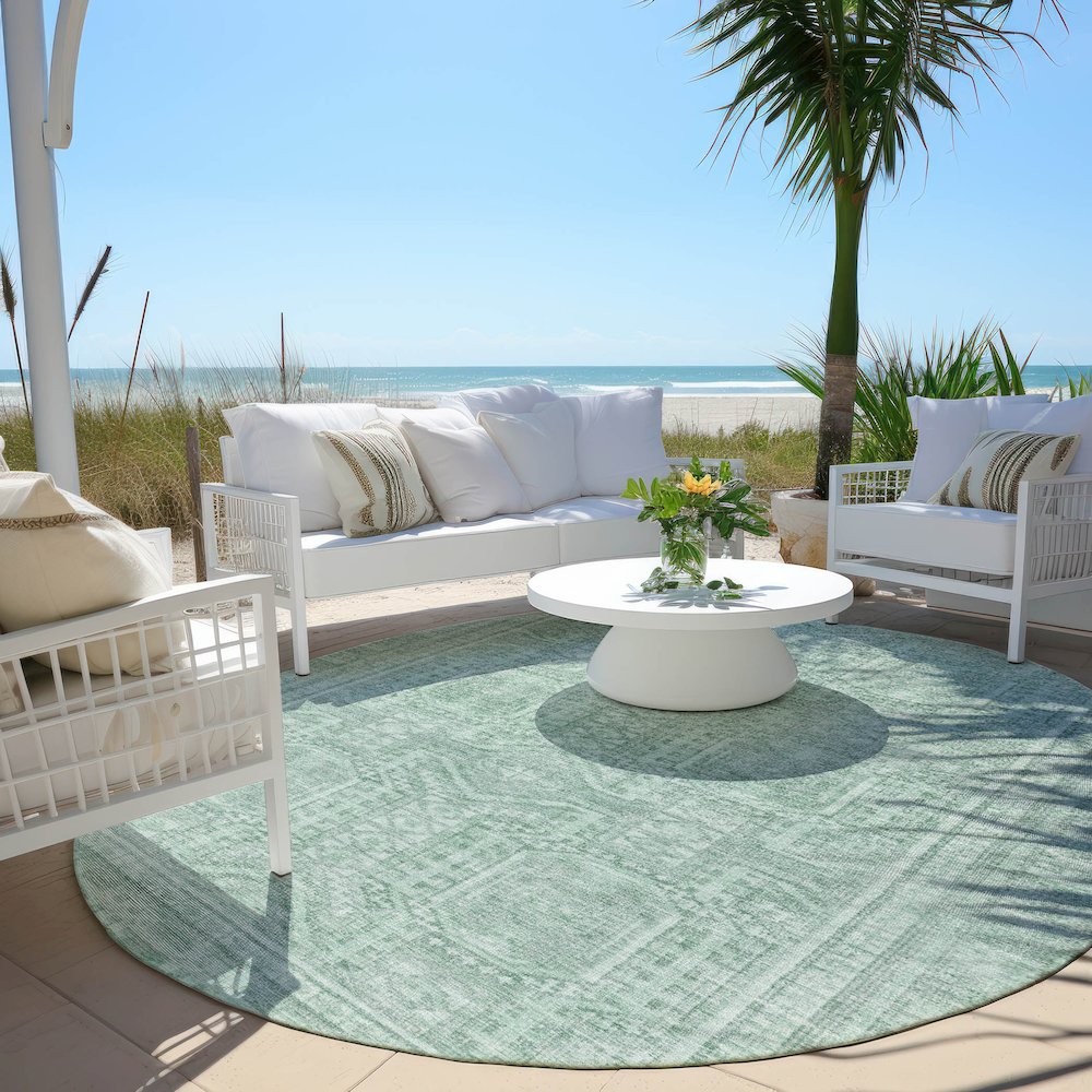 Machine Washable Indoor/Outdoor Chantille Teal 8' x 8' Round Rug. Picture 6