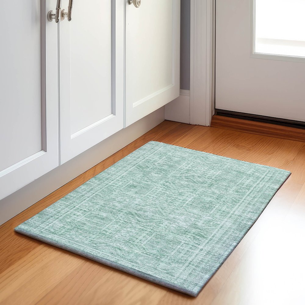 Machine Washable Indoor/Outdoor Chantille Teal 1'8" x 2'6" Rug. Picture 5